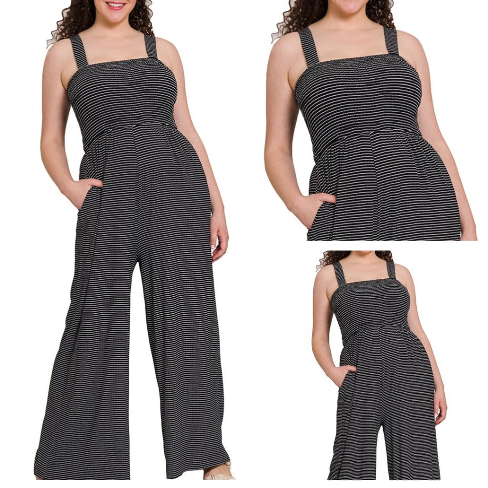 JUMPSUIT ROMPER WITH SMOCKED TOP STRIPED